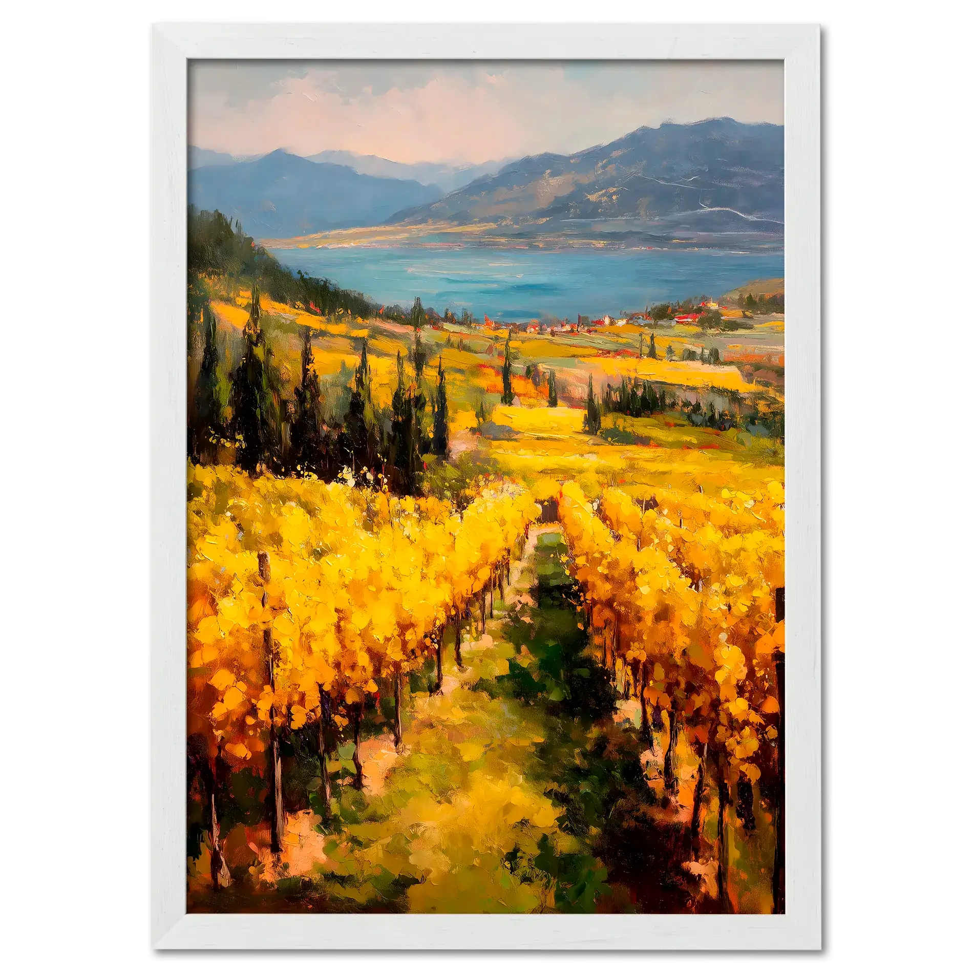 Golden Lines, Lavaux - Poster featuring vibrant yellow vineyard rows and serene lake in autumn landscape.