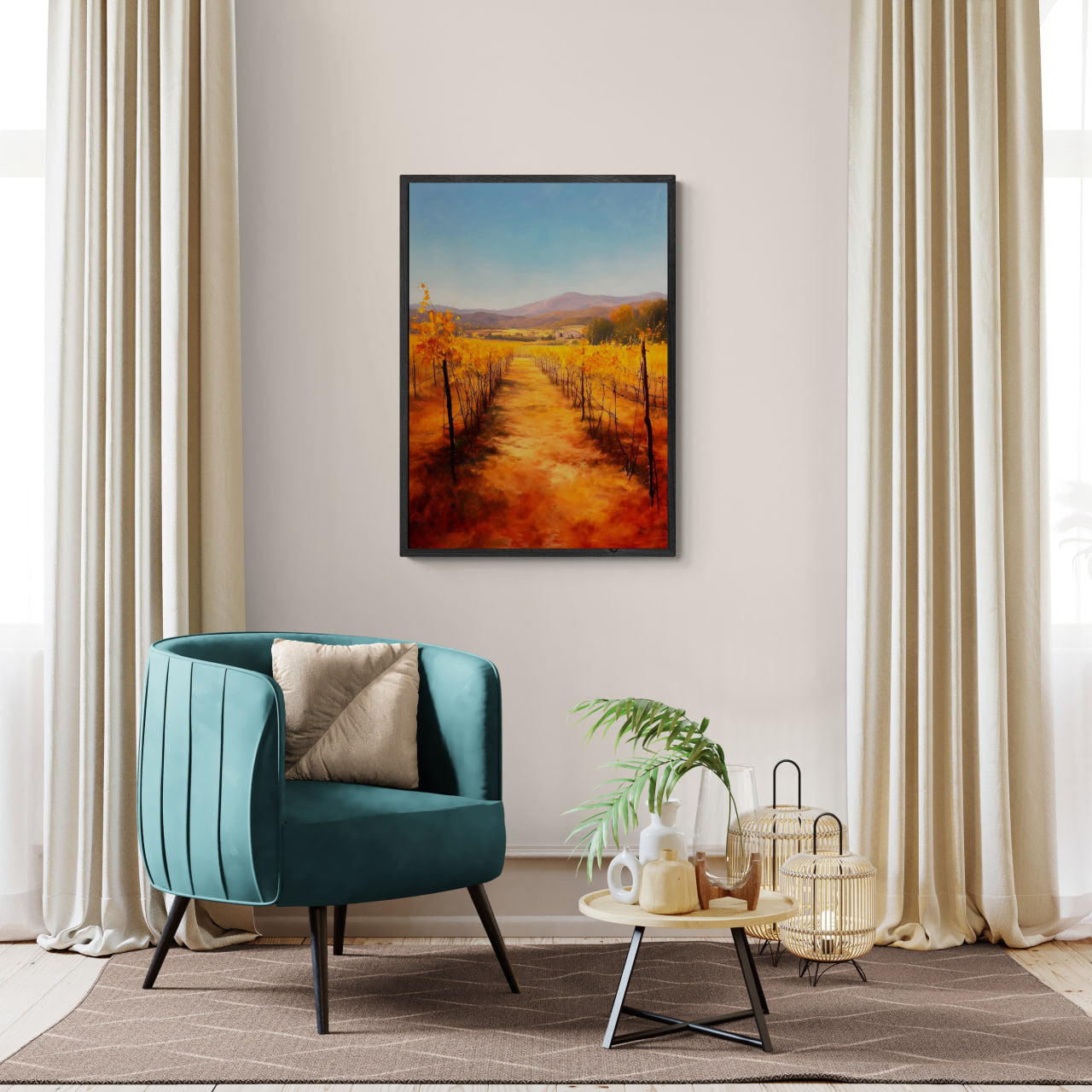 Golden Rows, Autumn Vines - Poster displayed in a modern interior with a turquoise chair and soft sunlight.