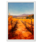 Golden Rows, Autumn Vines - Poster featuring a serene path through vibrant autumn vineyards.