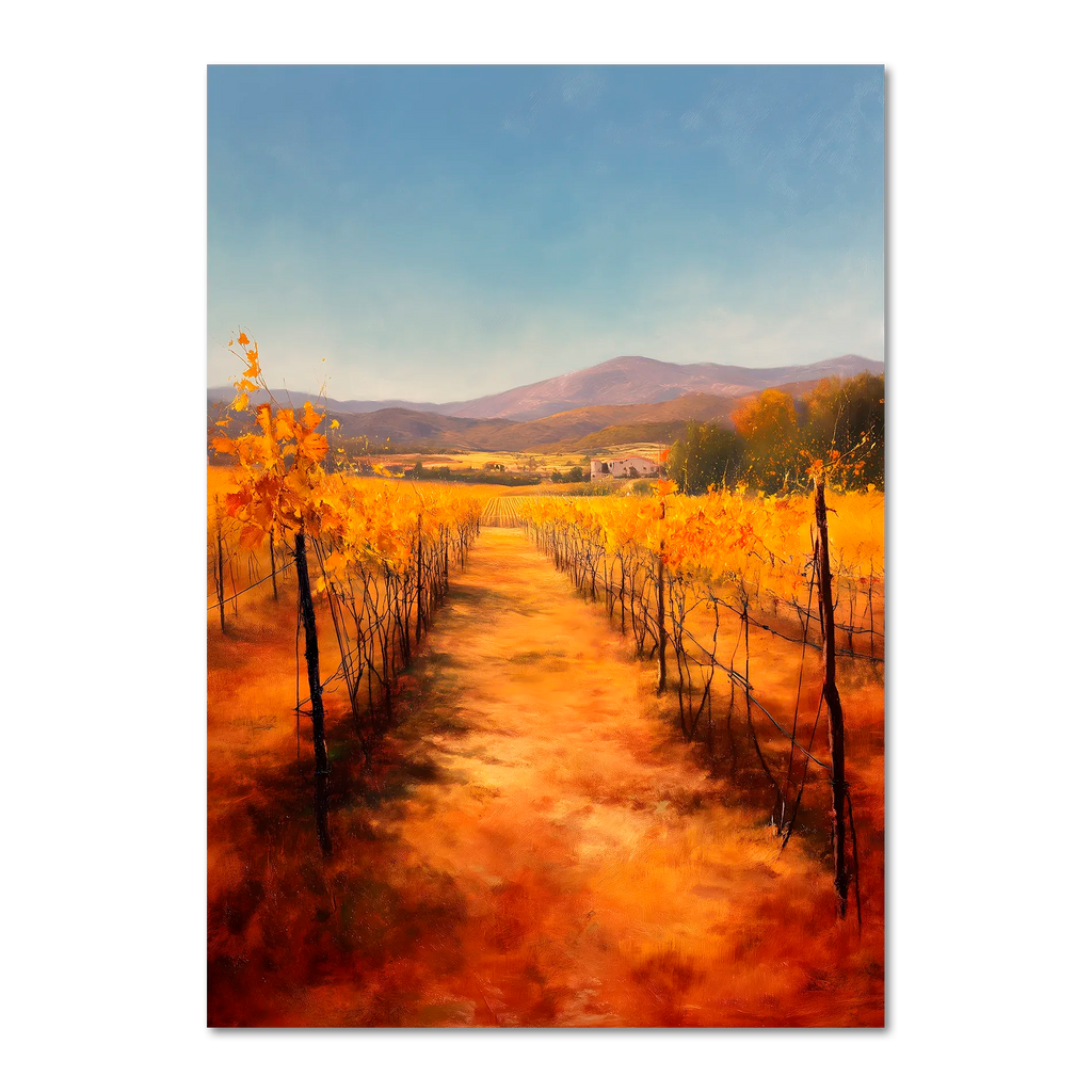 Golden Rows, Autumn Vines - Poster showcasing a tranquil path through autumn vineyards with golden vines.