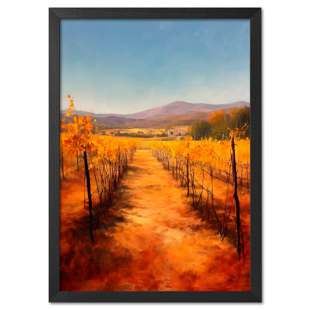 Golden Rows, Autumn Vines - Poster featuring a path through vibrant autumn vineyards with golden vines.