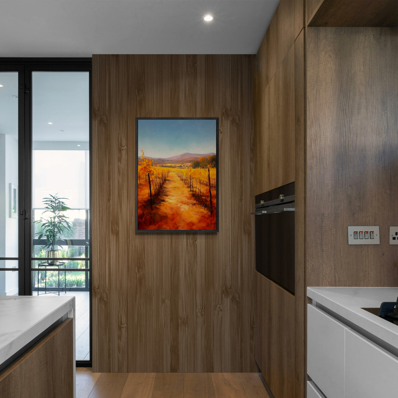 Golden Rows, Autumn Vines - Poster displayed in a modern kitchen featuring warm wood tones.