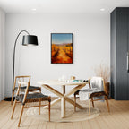 Golden Rows, Autumn Vines - Poster displayed in a modern dining area with a stylish round table and chairs.