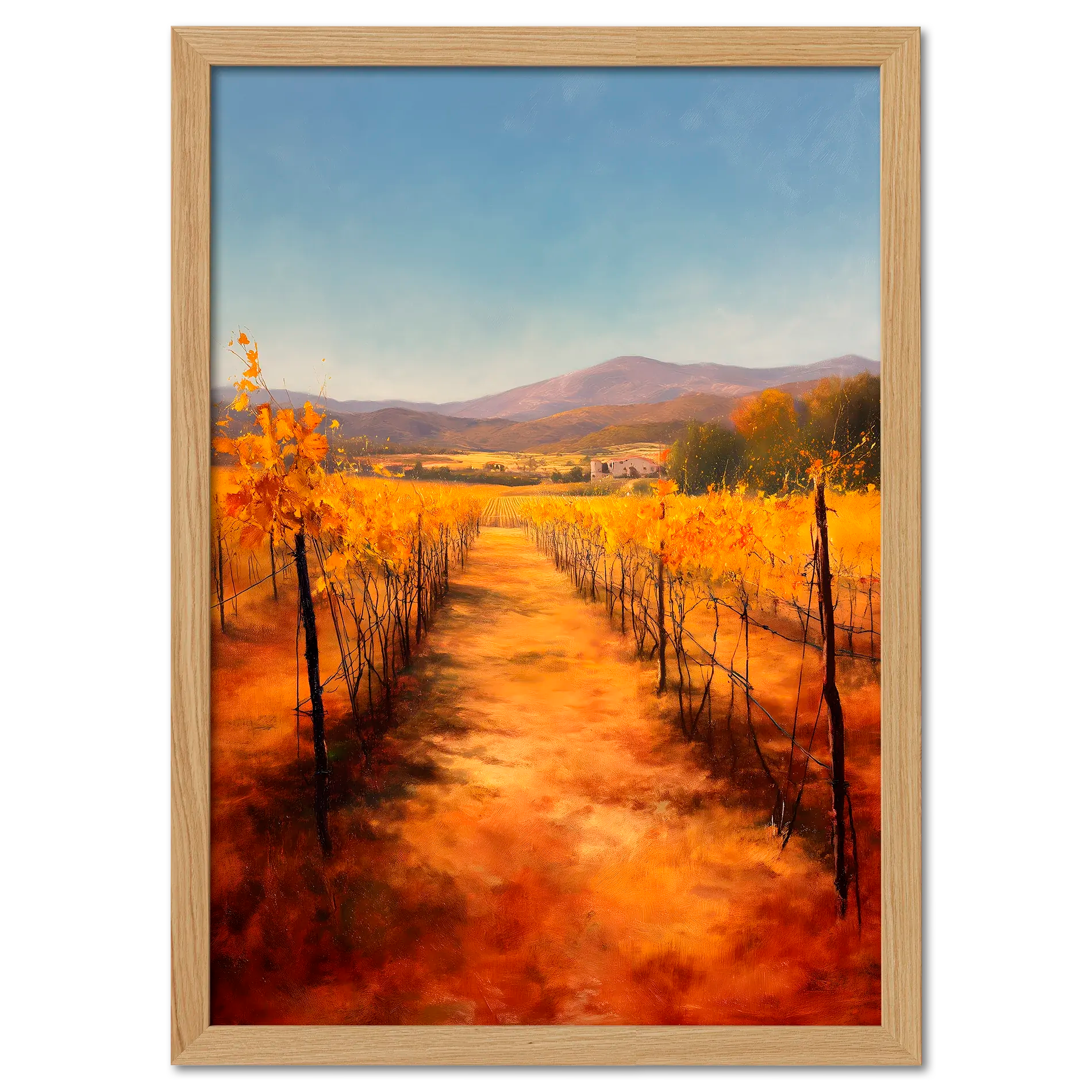 Golden Rows, Autumn Vines - Poster depicting autumn vineyards with golden vines and a clear blue sky.