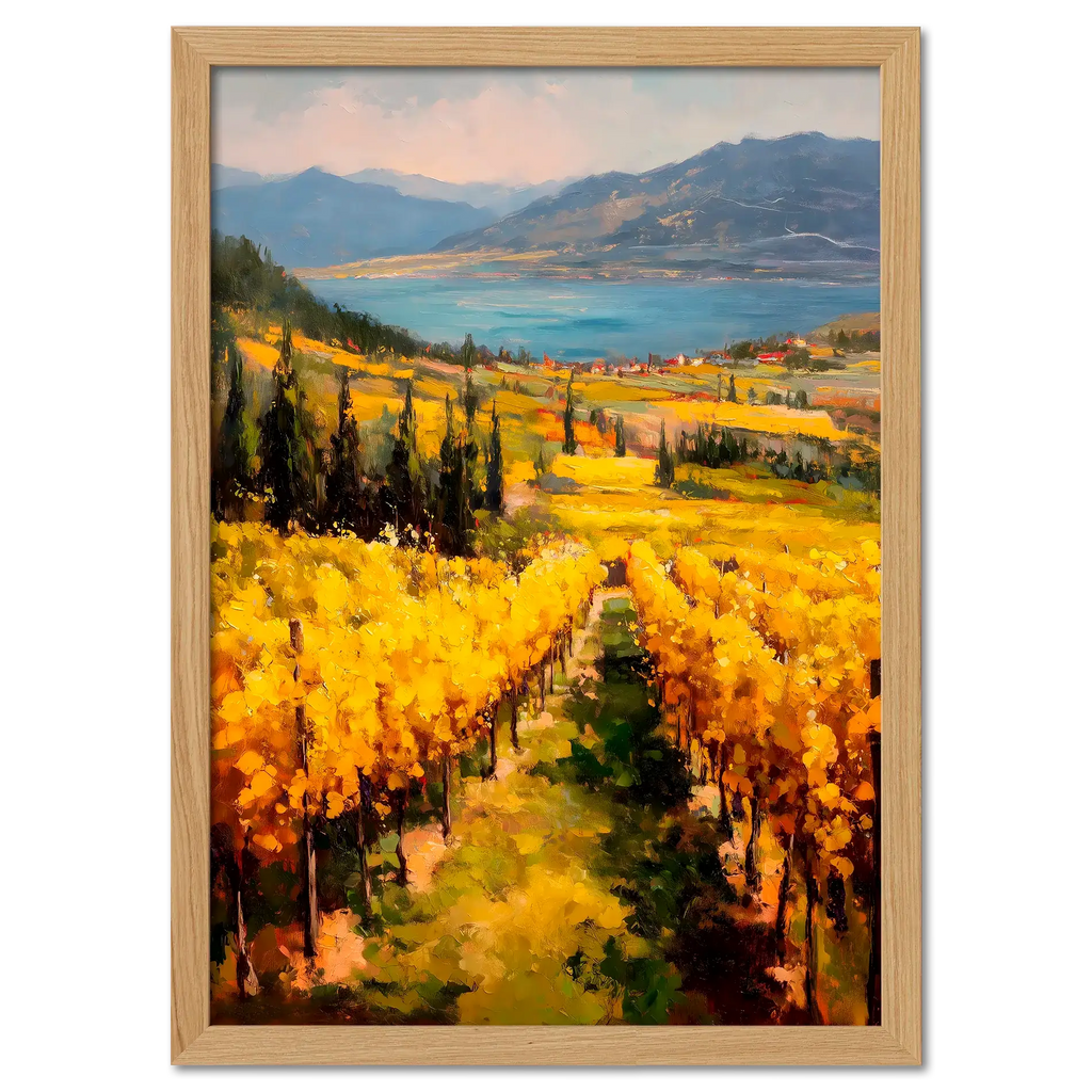 Golden Lines, Lavaux - Poster featuring rolling vineyards and a tranquil lake under warm sunlight.