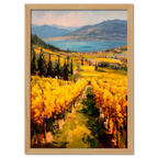 Golden Lines, Lavaux - Poster featuring rolling vineyards and a tranquil lake under warm sunlight.