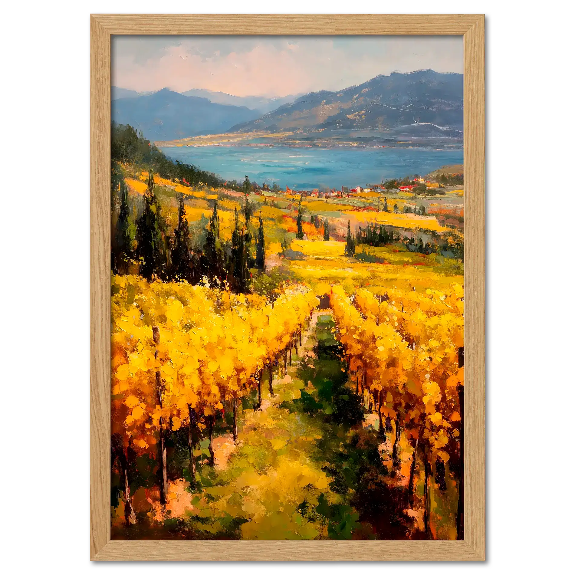 Golden Lines, Lavaux - Poster featuring rolling vineyards and a tranquil lake under warm sunlight.