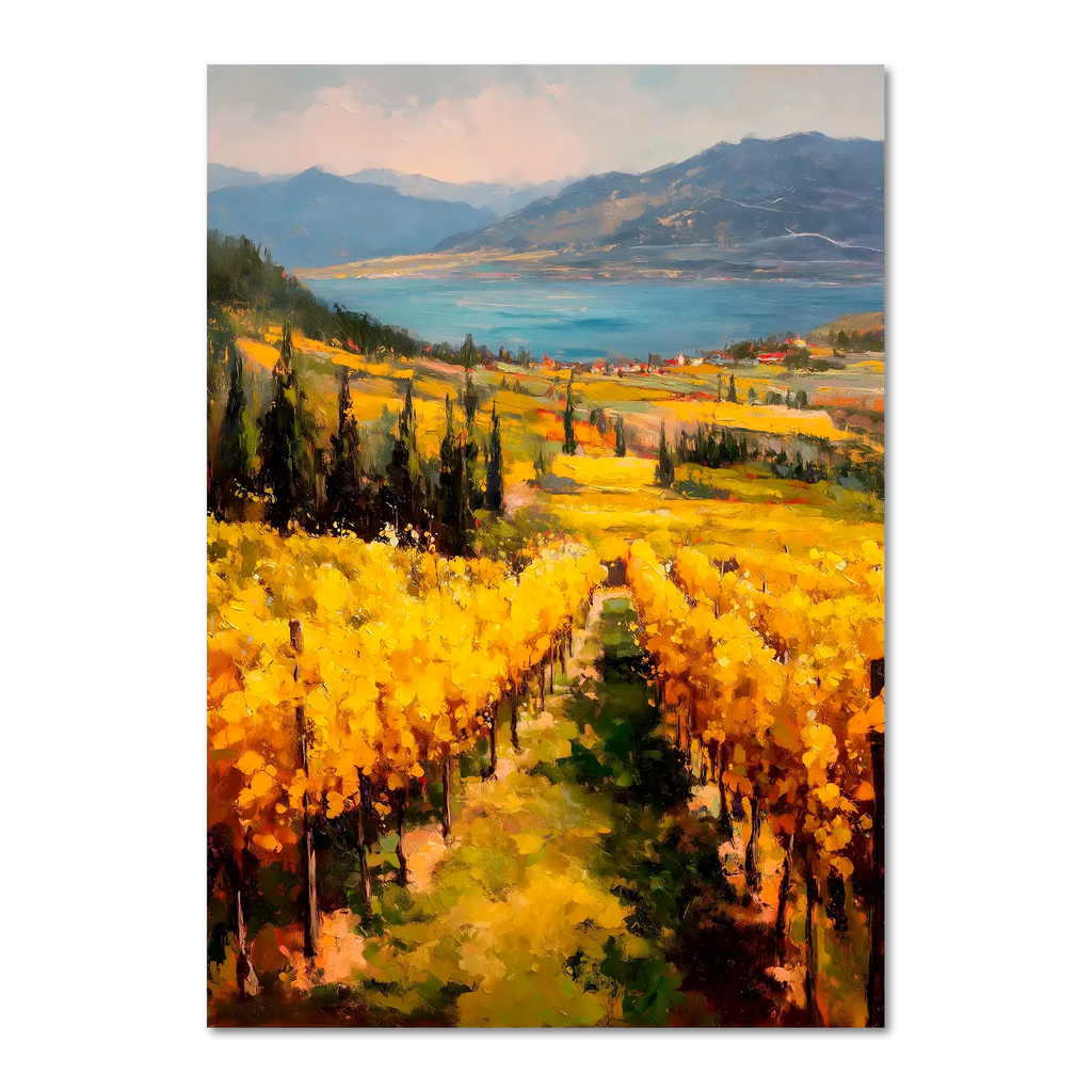 Golden Lines, Lavaux - Poster featuring vibrant vineyard rows and a serene lake with mountains in the background.