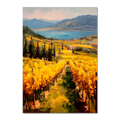 Golden Lines, Lavaux - Poster featuring vibrant vineyard rows and a serene lake with mountains in the background.
