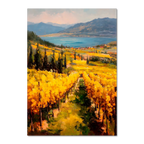 Golden Lines, Lavaux - Poster featuring vibrant vineyard rows and a serene lake with mountains in the background.