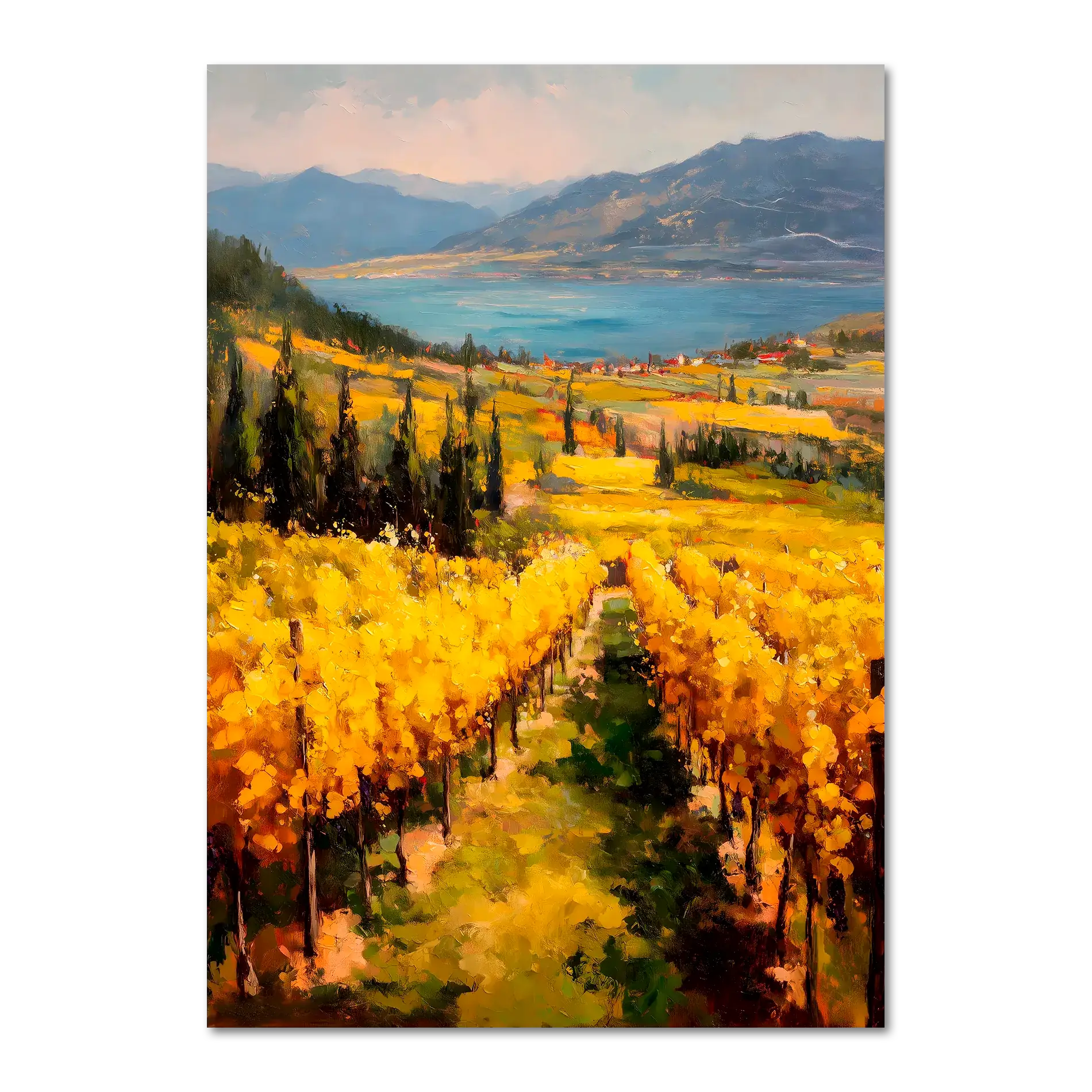 Golden Lines, Lavaux - Poster featuring vibrant vineyard rows and a serene lake with mountains in the background.