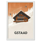 Gstaad – Alpine Chalet Escape - Poster featuring a cozy chalet and cable cars against a snowy backdrop.
