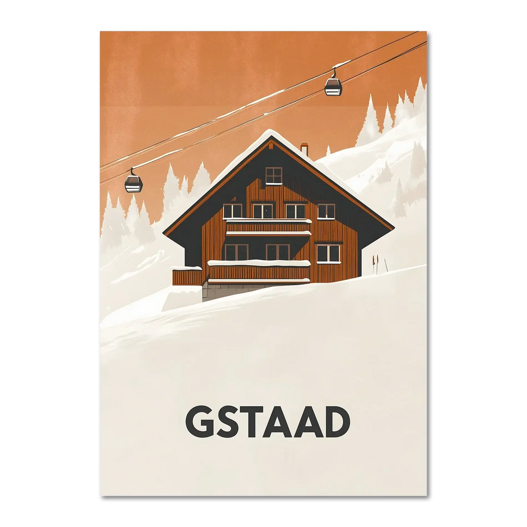 Gstaad – Alpine Chalet Escape - Poster featuring a cozy chalet with cable cars in a snowy landscape.