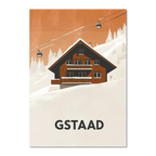 Gstaad – Alpine Chalet Escape - Poster featuring a cozy chalet with cable cars in a snowy landscape.