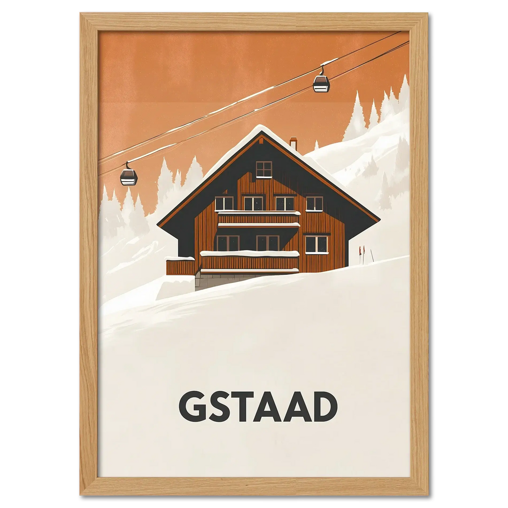Gstaad – Alpine Chalet Escape - Poster featuring cozy chalet with cable cars and snowy landscape.