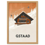 Gstaad – Alpine Chalet Escape - Poster featuring cozy chalet with cable cars and snowy landscape.