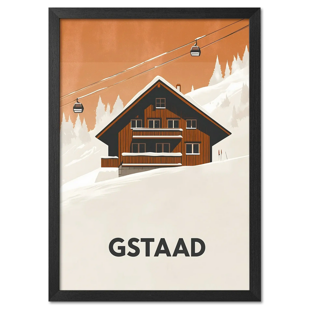 Gstaad – Alpine Chalet Escape - Poster featuring a cozy chalet in snow with cable cars in a tranquil mountain setting.