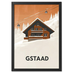 Gstaad – Alpine Chalet Escape - Poster featuring a cozy chalet in snow with cable cars in a tranquil mountain setting.