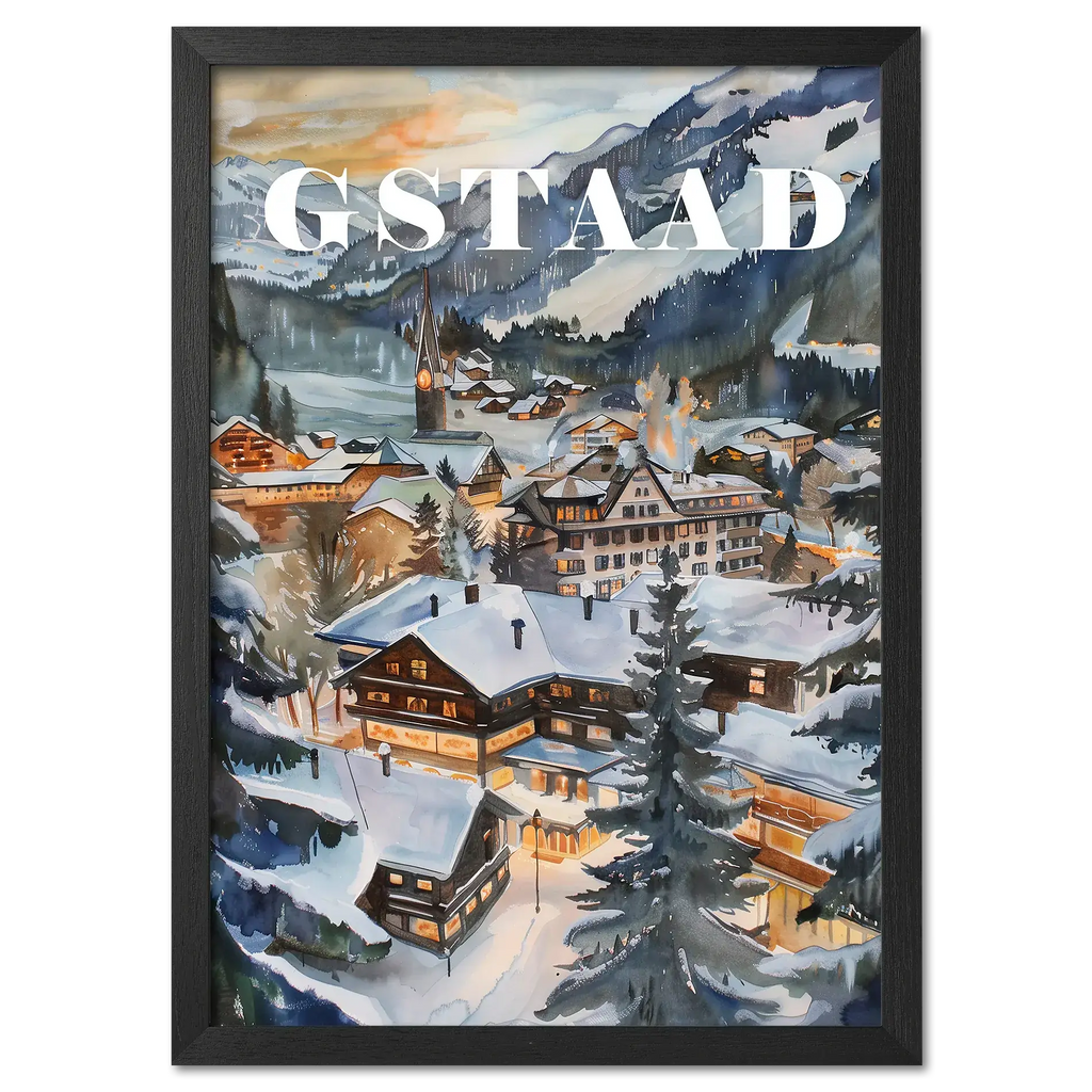 Gstaad - Poster featuring a snowy alpine village with wooden chalets illuminated at dusk and surrounded by mountains.