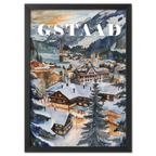 Gstaad - Poster featuring a snowy alpine village with wooden chalets illuminated at dusk and surrounded by mountains.