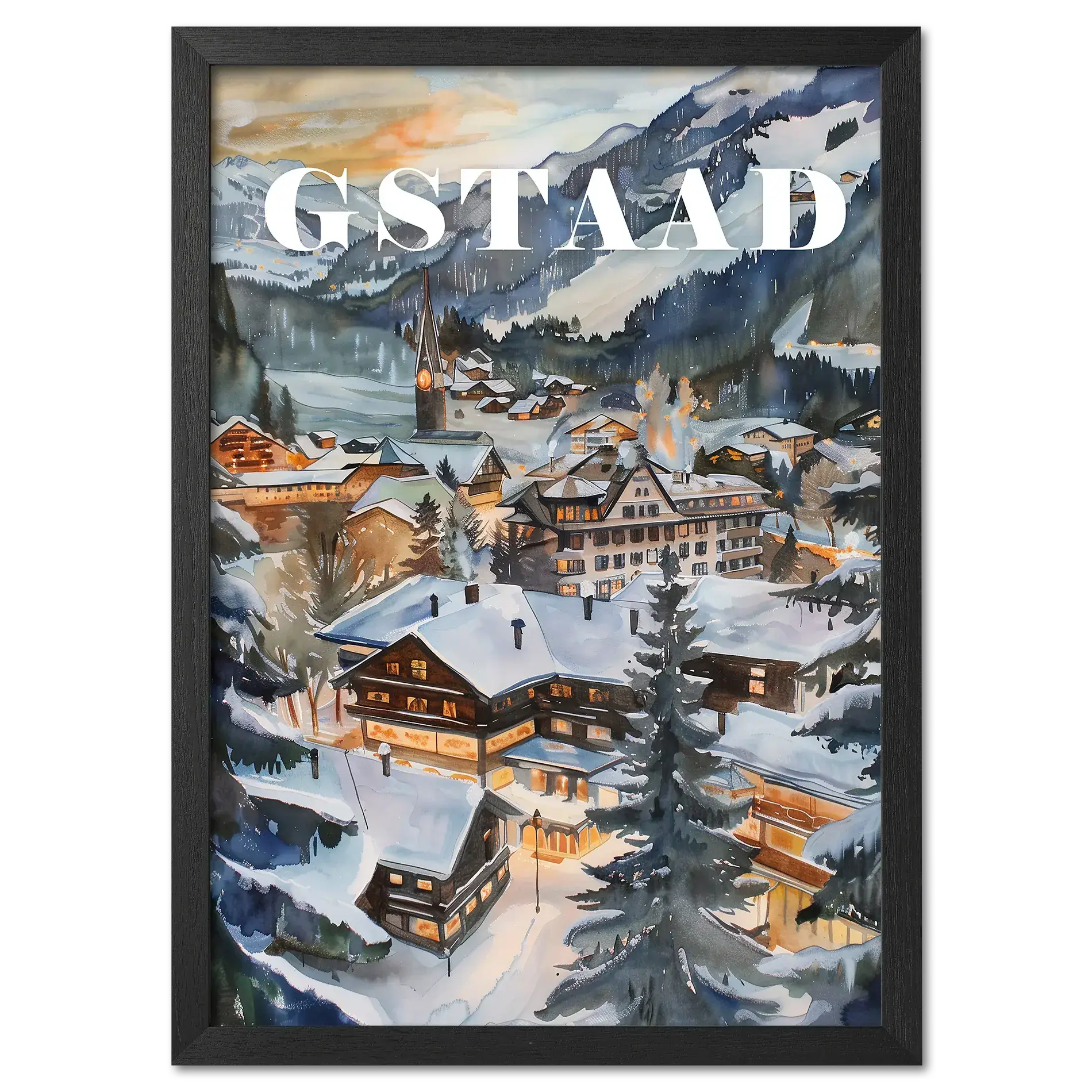 Gstaad - Poster featuring a snowy alpine village with wooden chalets illuminated at dusk and surrounded by mountains.