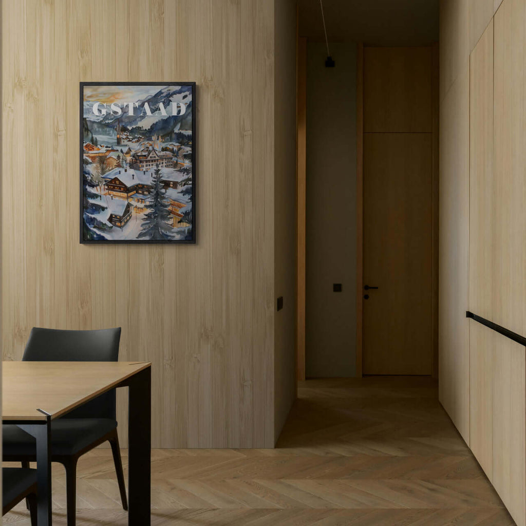 Gstaad - Poster displayed in a modern minimalist interior featuring warm wood tones and elegant design.