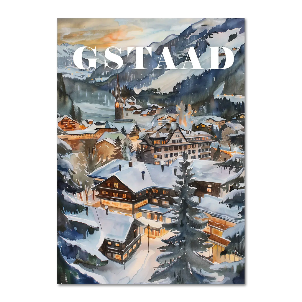 Gstaad - Poster featuring a snowy alpine village at dusk with cozy chalets and a serene winter landscape.