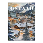 Gstaad - Poster featuring a snowy alpine village at dusk with cozy chalets and a serene winter landscape.