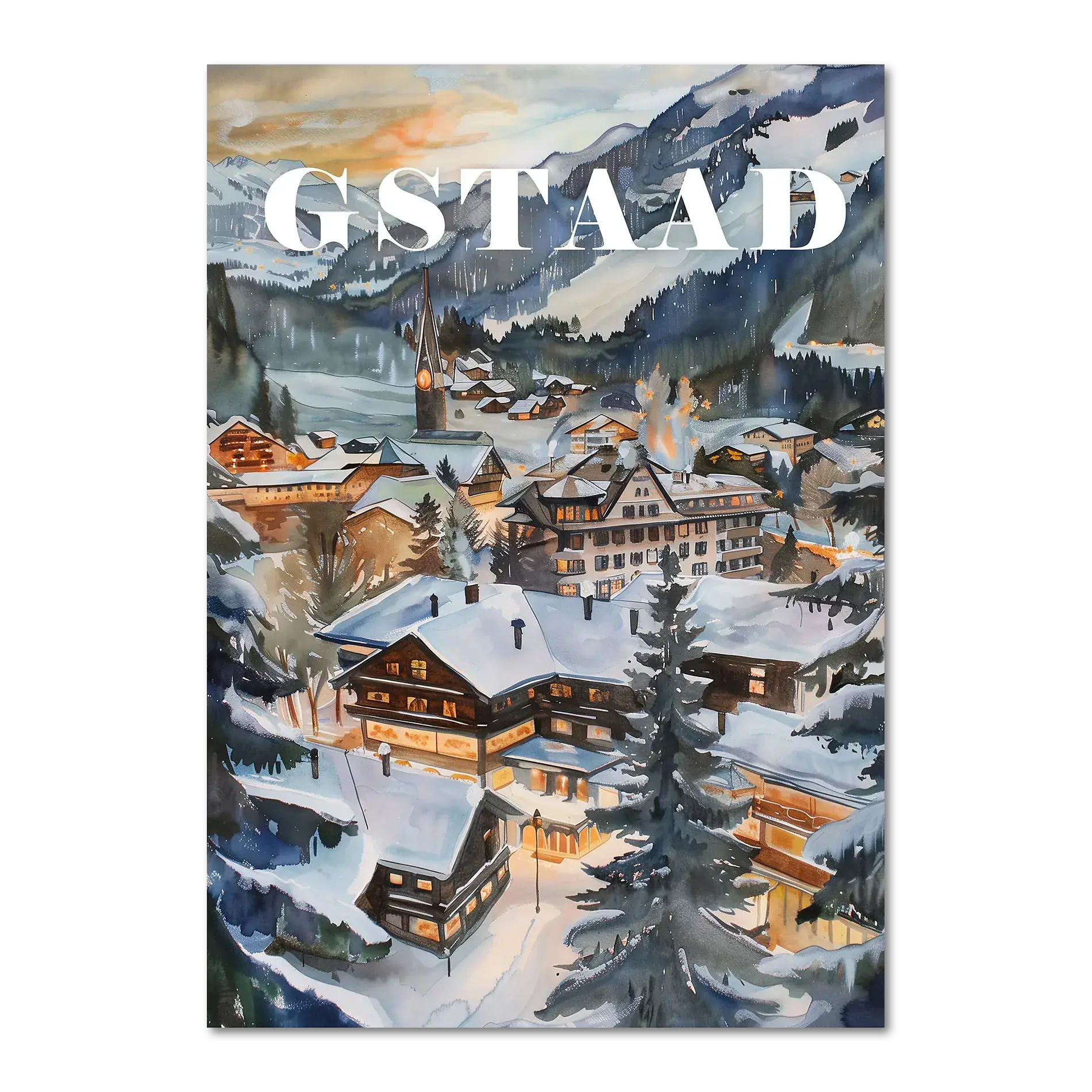 Gstaad - Poster featuring a snowy alpine village at dusk with cozy chalets and a serene winter landscape.