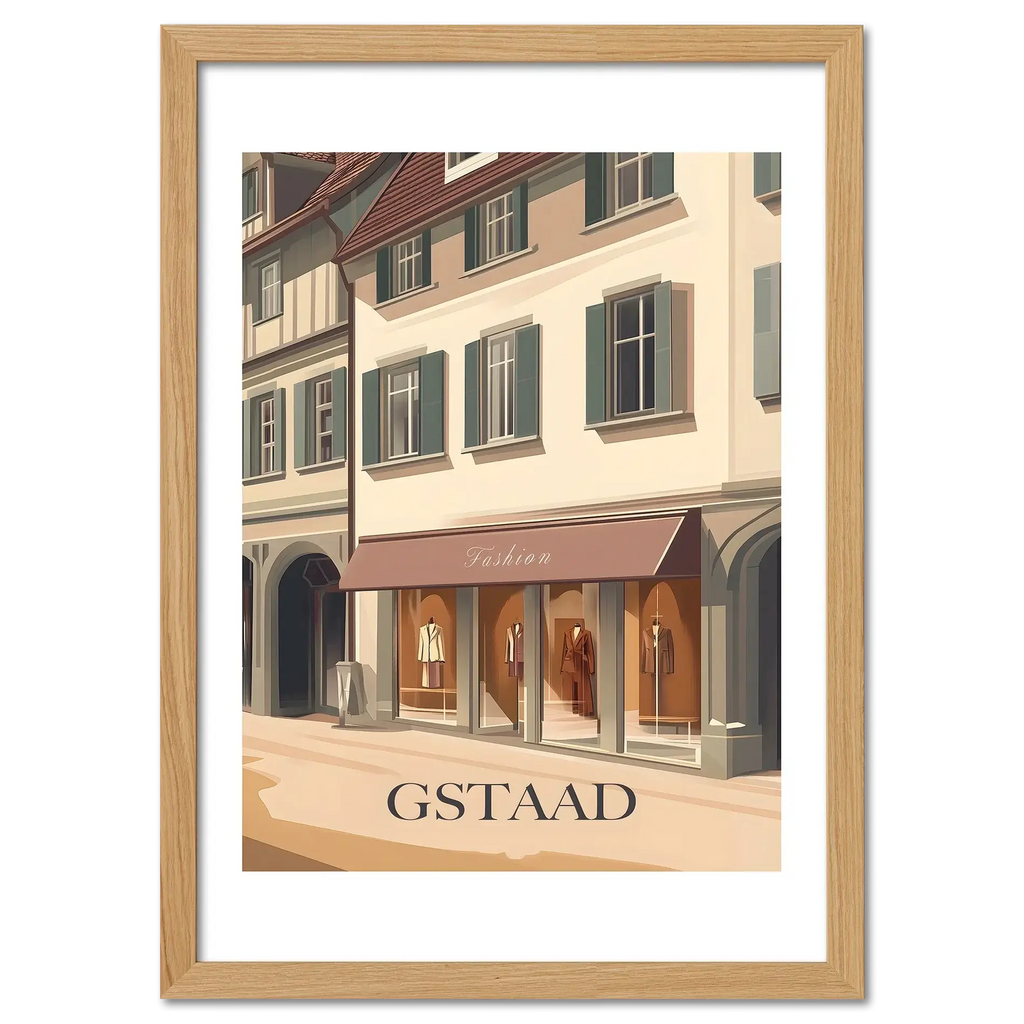 Gstaad – Fashion in the Alps - Poster featuring a stylish boutique on a sunlit street in Gstaad.