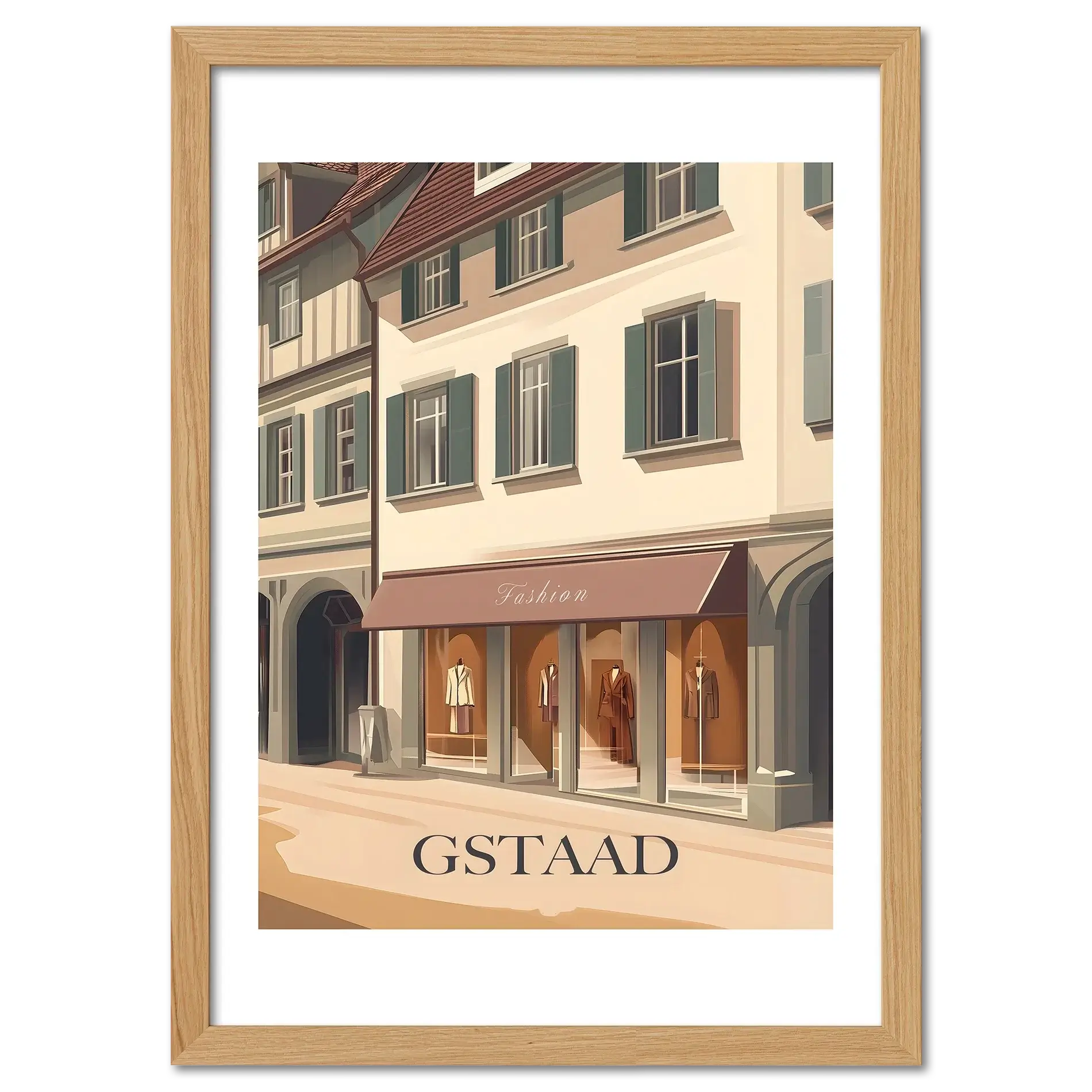 Gstaad – Fashion in the Alps - Poster featuring a stylish boutique on a sunlit street in Gstaad.