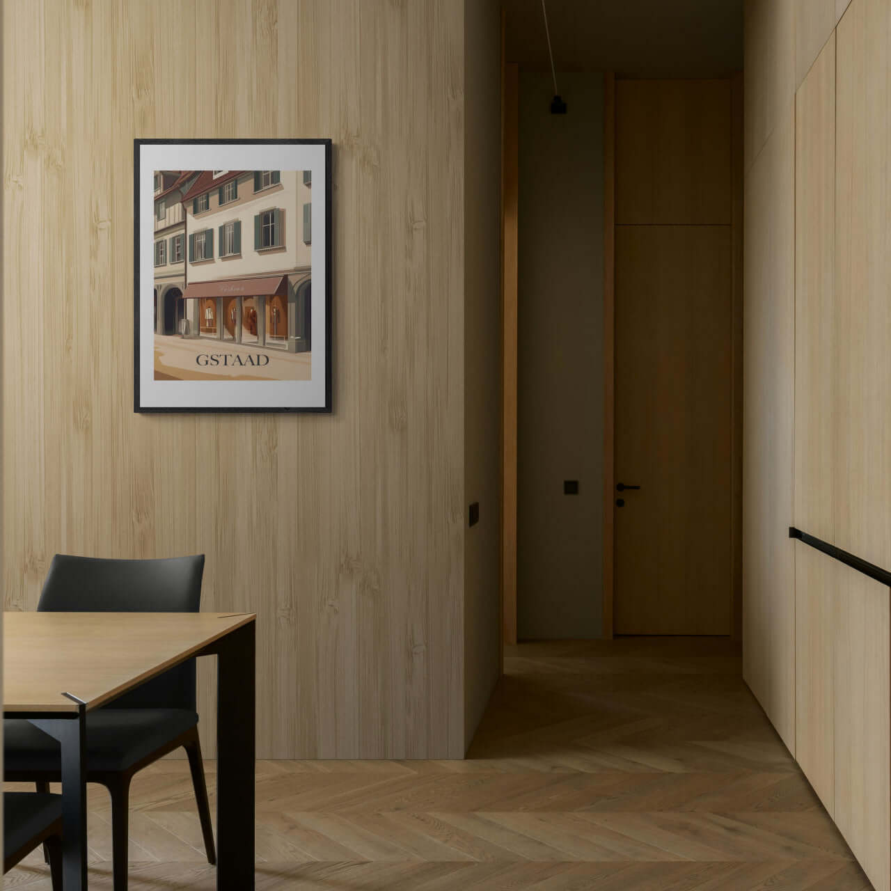 Gstaad – Fashion in the Alps - Poster displayed in a modern minimalist interior with wooden walls and warm tones.