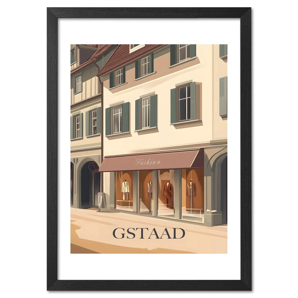 Gstaad – Fashion in the Alps - Poster featuring a stylish boutique on a quiet street with elegant façades.