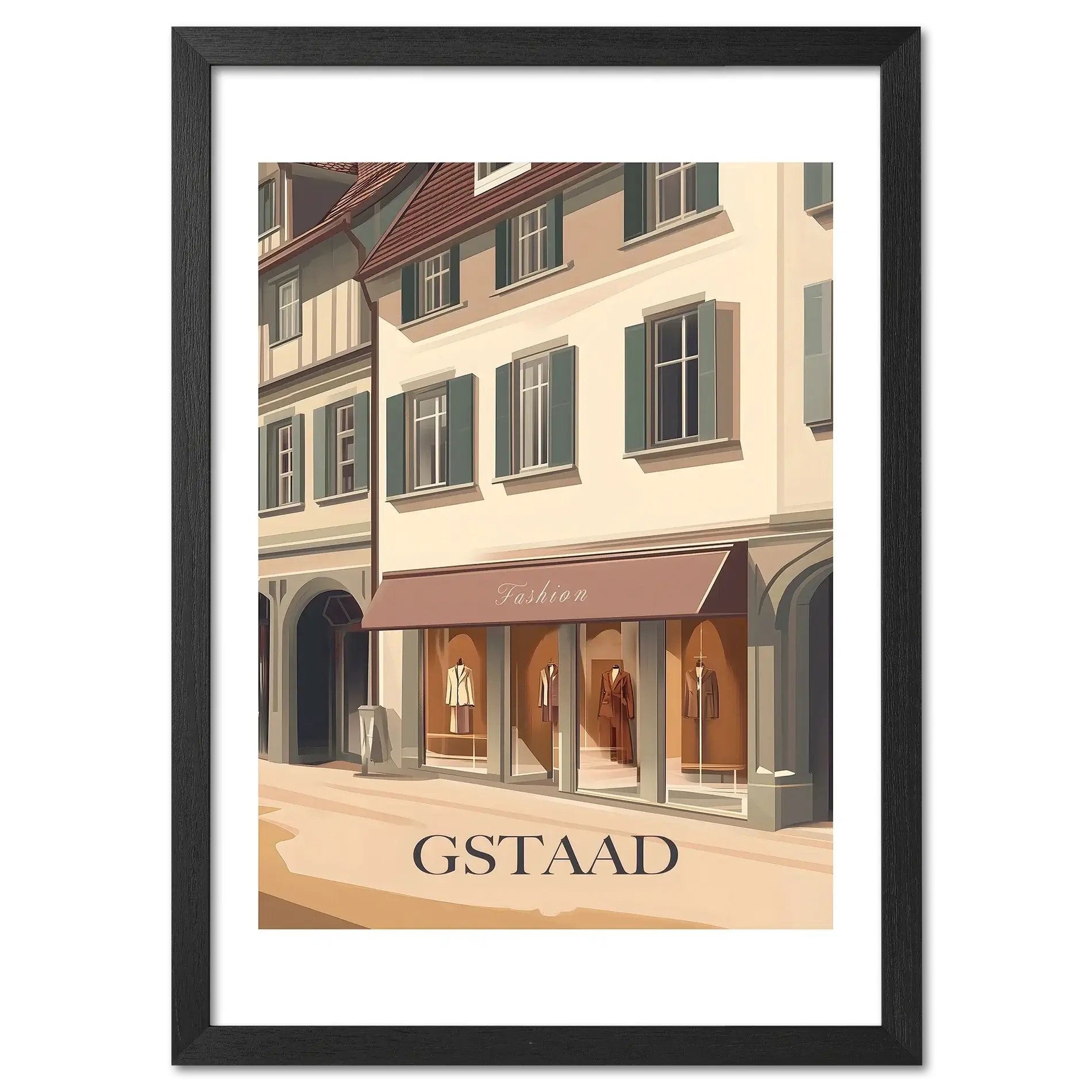 Gstaad – Fashion in the Alps - Poster featuring a stylish boutique on a quiet street with elegant façades.