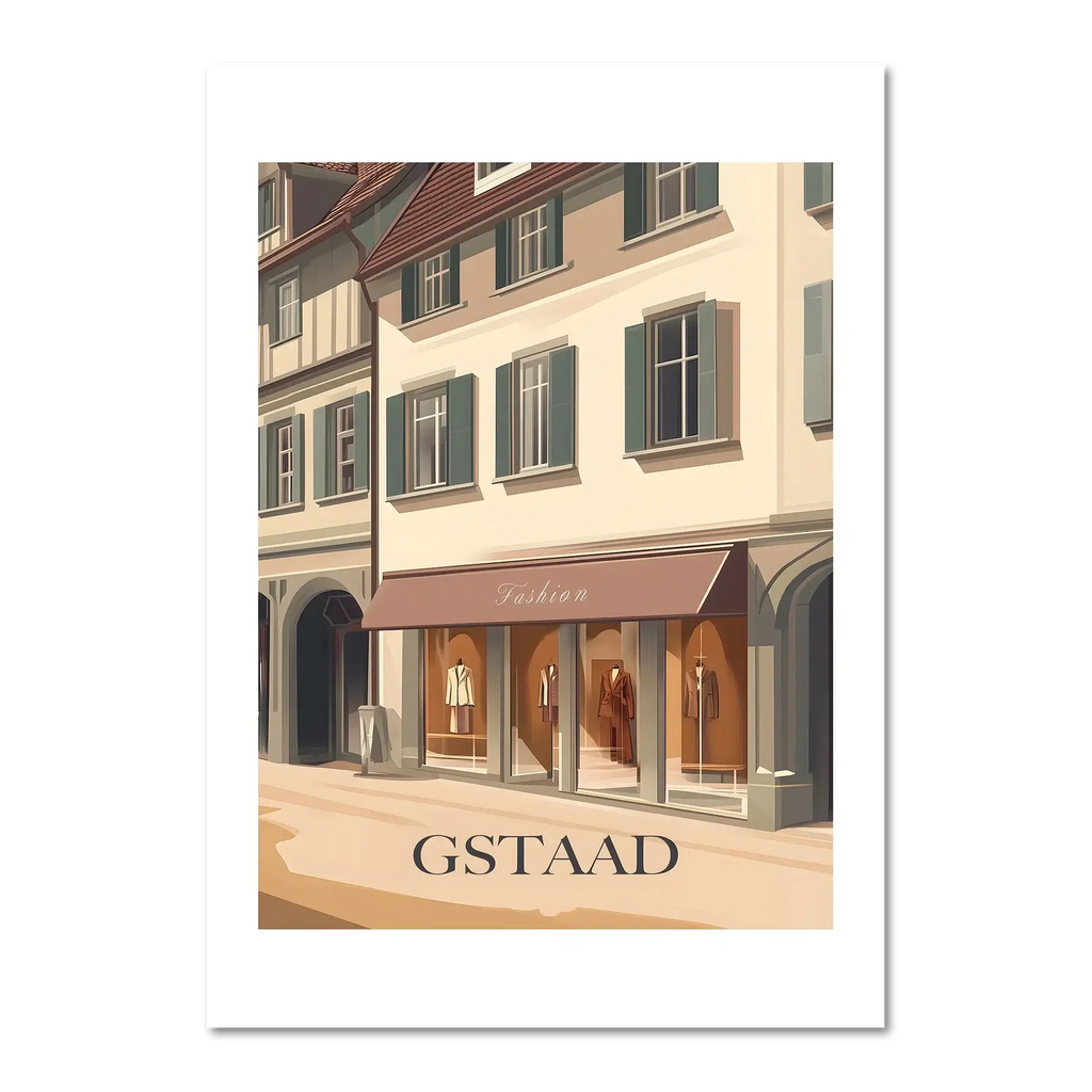 Gstaad – Fashion in the Alps - Poster showing a boutique with elegant façades and pastel colors.