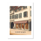 Gstaad – Fashion in the Alps - Poster showing a boutique with elegant façades and pastel colors.