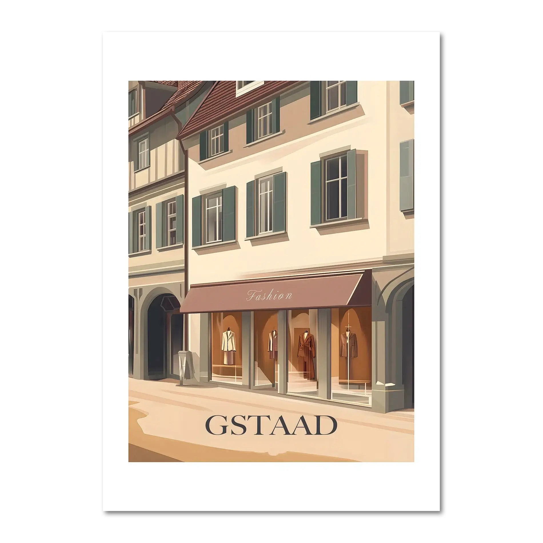 Gstaad – Fashion in the Alps - Poster showing a boutique with elegant façades and pastel colors.