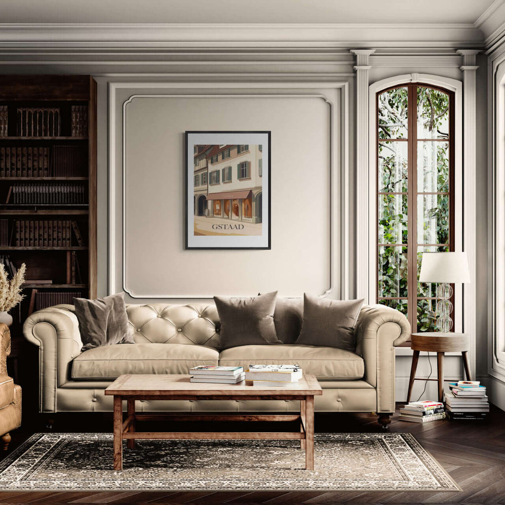 Elegant living room featuring Gstaad – Fashion in the Alps - Poster as wall art in a stylish interior.