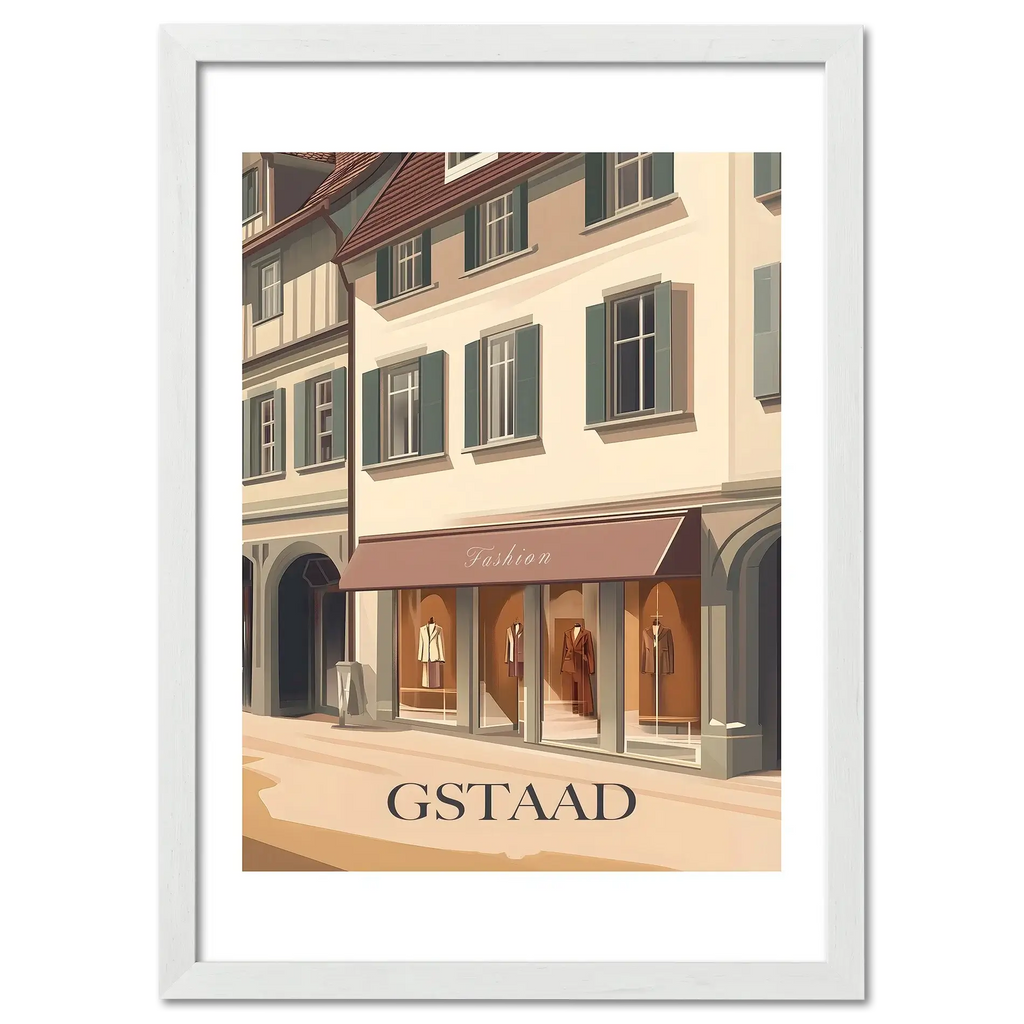 Gstaad – Fashion in the Alps - Poster featuring a stylish boutique on a quiet street with elegant façades.