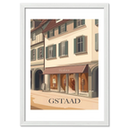 Gstaad – Fashion in the Alps - Poster featuring a stylish boutique on a quiet street with elegant façades.