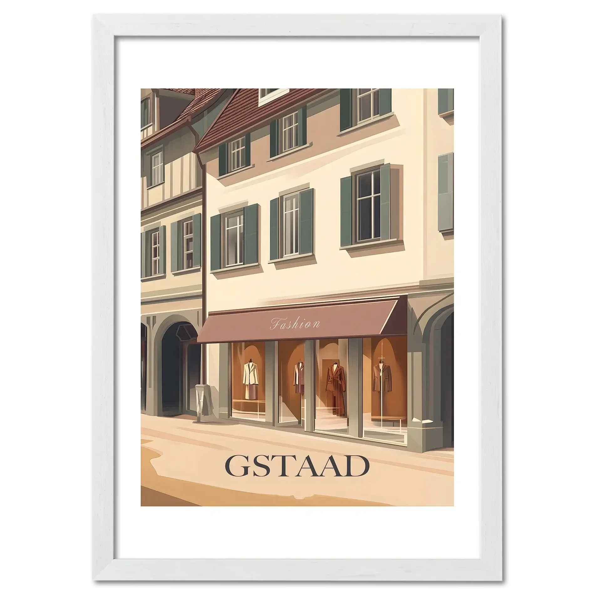 Gstaad – Fashion in the Alps - Poster featuring a stylish boutique on a quiet street with elegant façades.