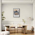 Gstaad – Luxury & Tradition - Poster displayed in a modern dining area with minimalist decor and wooden furniture.