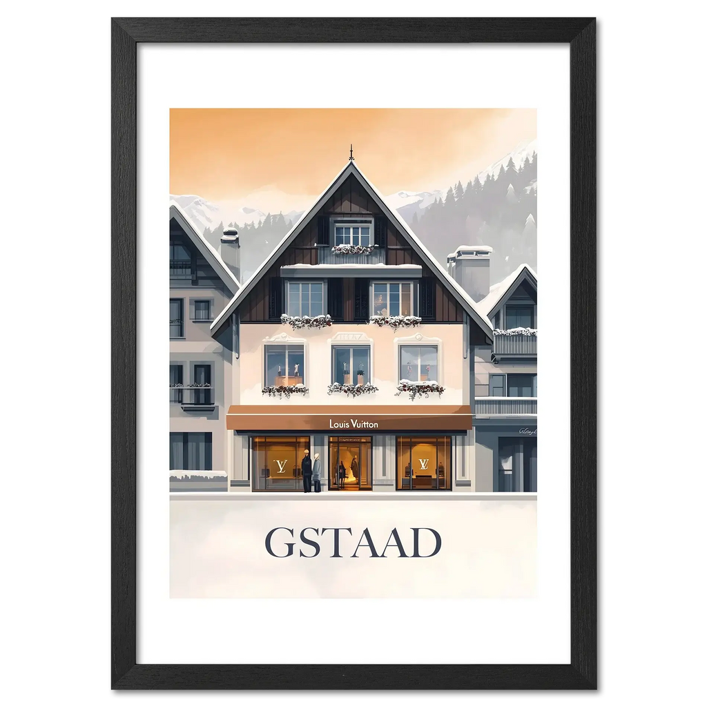 Gstaad – Luxury & Tradition - Poster featuring a luxury boutique in a snowy alpine setting.
