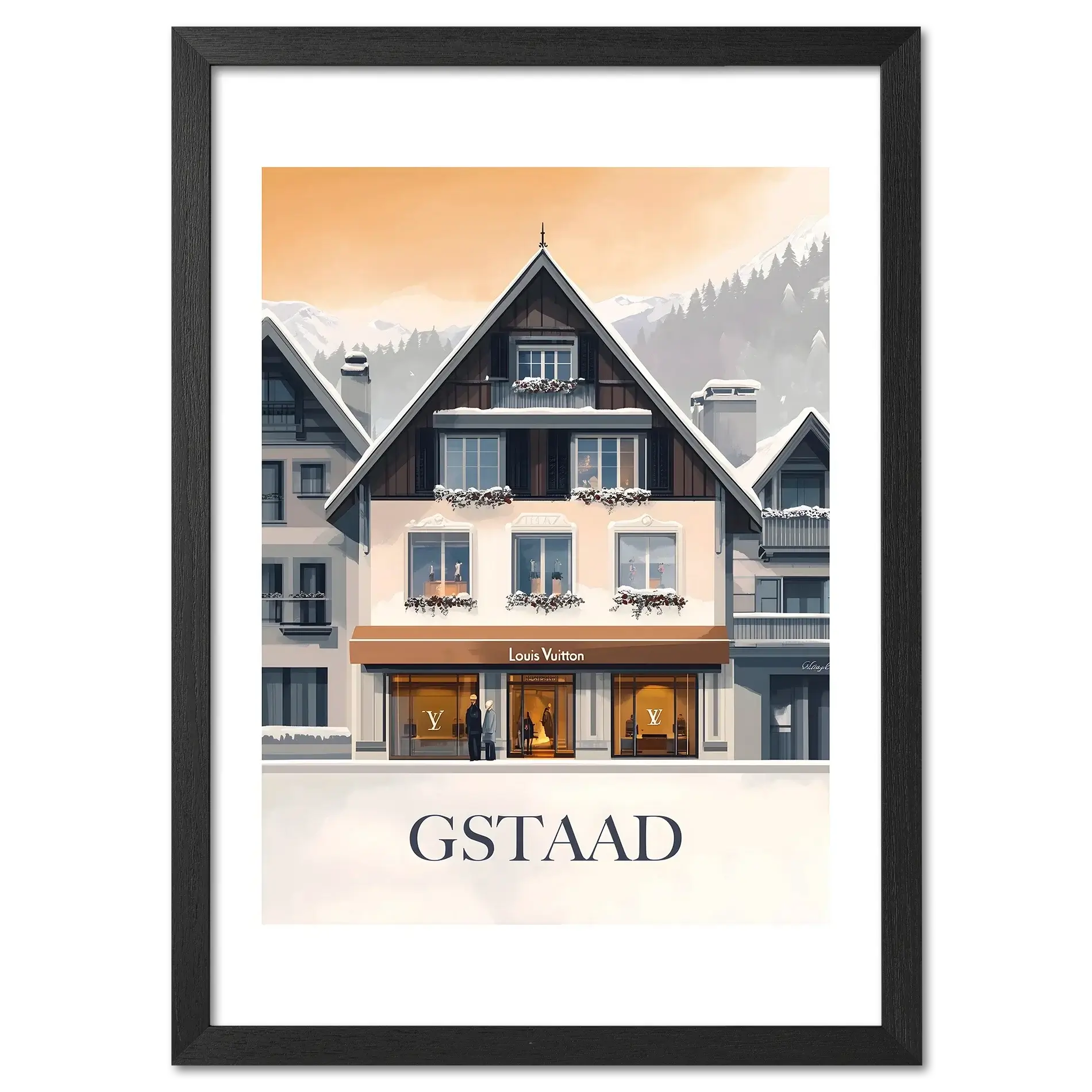 Gstaad – Luxury & Tradition - Poster featuring a luxury boutique in a snowy alpine setting.