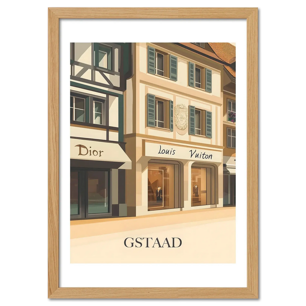 Gstaad – Luxury Shopping District - Poster featuring elegant boutiques and pastel facades in a serene alpine setting.
