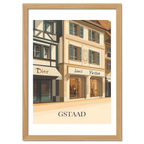 Gstaad – Luxury Shopping District - Poster featuring elegant boutiques and pastel facades in a serene alpine setting.