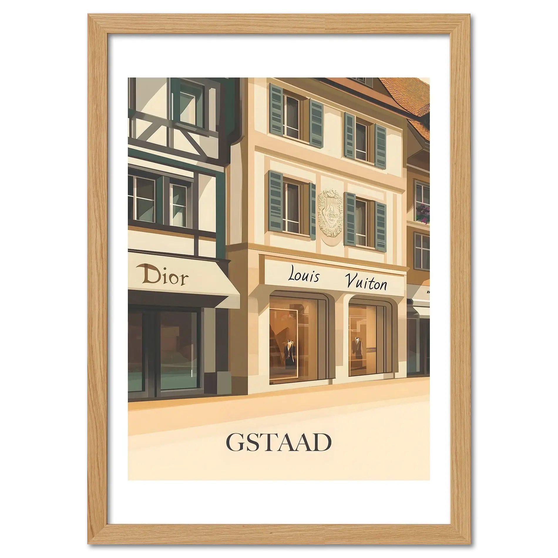 Gstaad – Luxury Shopping District - Poster featuring elegant boutiques and pastel facades in a serene alpine setting.