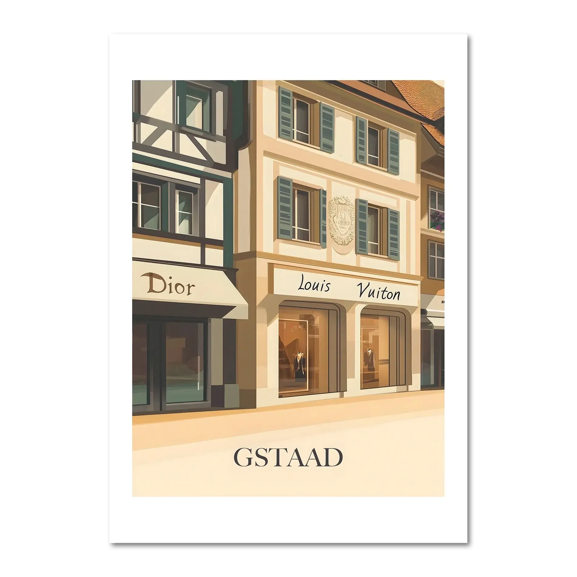 Gstaad – Luxury Shopping District - Poster featuring Dior and Louis Vuitton boutiques in a charming alpine setting.