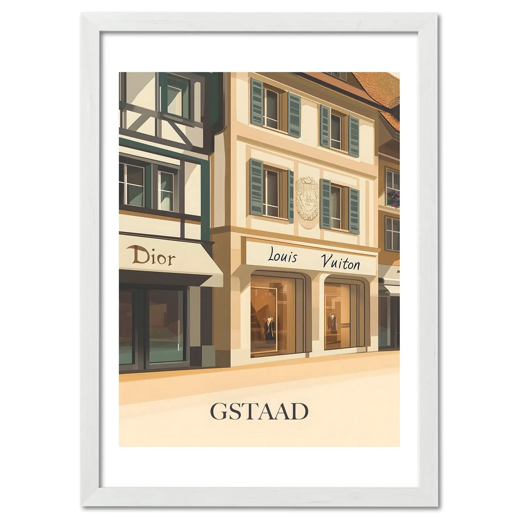 Gstaad – Luxury Shopping District - Poster featuring elegant boutiques Dior and Louis Vuitton in a serene alpine setting.