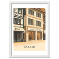 Gstaad – Luxury Shopping District - Poster featuring elegant boutiques Dior and Louis Vuitton in a serene alpine setting.